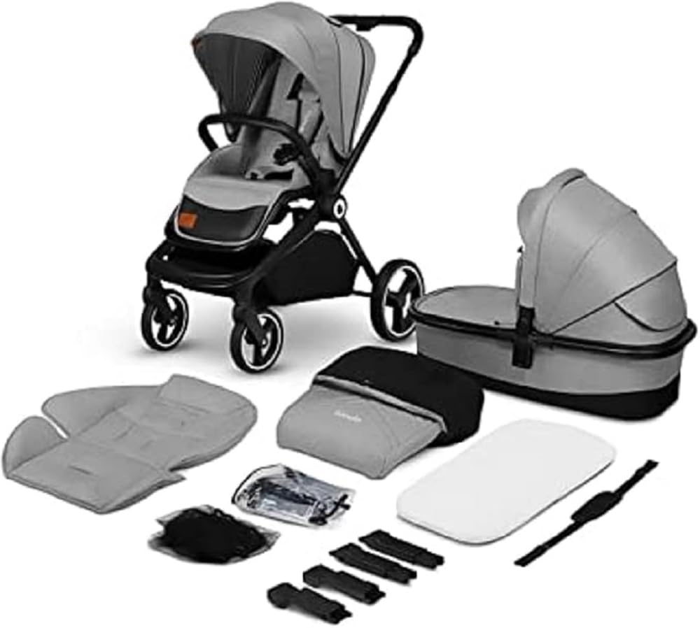 LIONELO Mika 2-in-1 Combination Pushchair Baby Carrycot Pram Buggy Rain Cover Shoulder Strap for Transport Mattress Mosquito Net Foot Cover Waterproof Material Rubber Wheels (Grey Stone)
