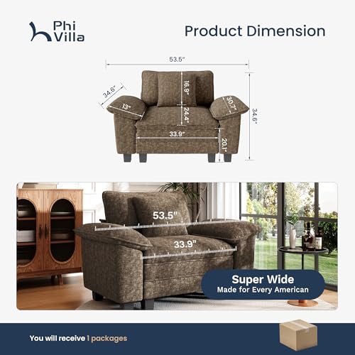 Image of PHI VILLA Oversized Single Sofa with Deep Seat, Armchair for Small Spaces Bedroom Reading Modern, 1 Seater Comfy Reading Accent Chair, Chenille Grayish Brown