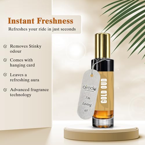 Image of Airodo Gold Oud Air Freshener Spray With Hanging Card |200 + Sprays, Long Lasting | Luxury Air Freshener For Air Interior| Air perfume (30ml,Pack of 1)
