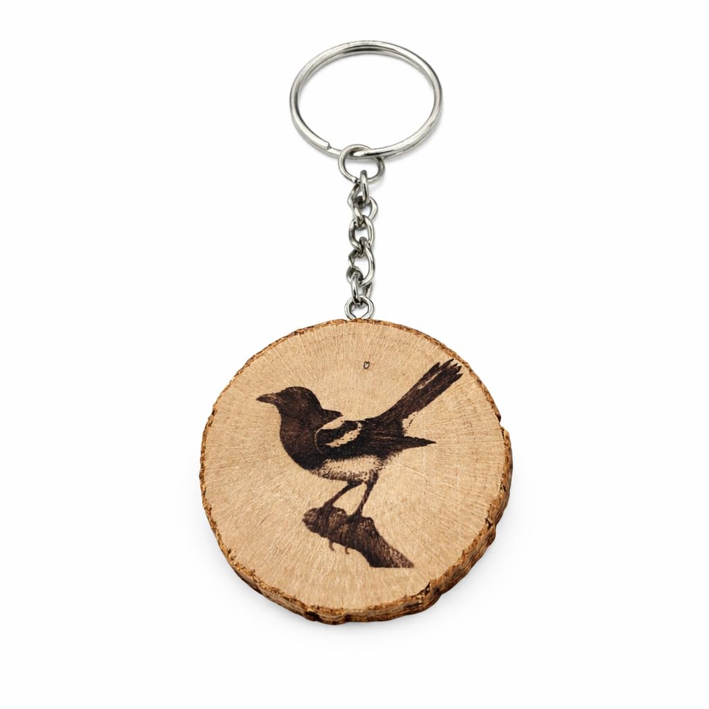 Promotech The Magpie Wooden Keyring – Handmade, Laser-Engraved Natural Wood, Unique Accessory for Keys, Bags & Backpacks