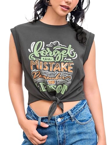 CIDER Womens Cap Sleeve Graphic Tank Crop Tops Crew Neck Twist