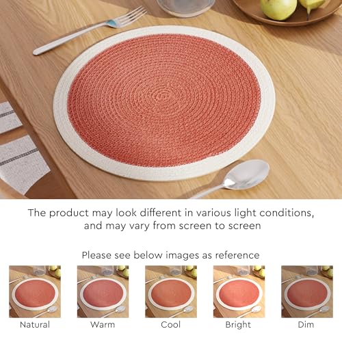Image of Dining Table Mats Set of 4 | Cotton Table Mat 32 cm Diameter, Encasa XO Washable Round Table Mats, Heat Resistance Dining Table Placemats, Handmade Ribbed Style for Centre Table, Coral & Off White
