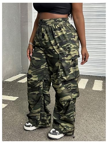 OYOANGLE Women's Plus Size Camo Cargo Pants Y2K Elastic Drawstring Waist Camouflage Wide Leg Trousers2