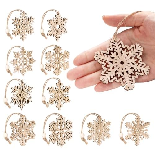 ABSOFINE Unifinished Wooden Snowflakes Christmas Ornaments 30 Pcs, 3" Xmas Tree Hanging Decorations Snowflakes Shaped DIY Crafts Gift Tags with Twine