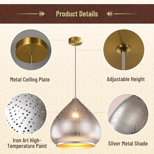 Image of Moroccan Silver Hanging Light Rustic Metal Pendant Light
