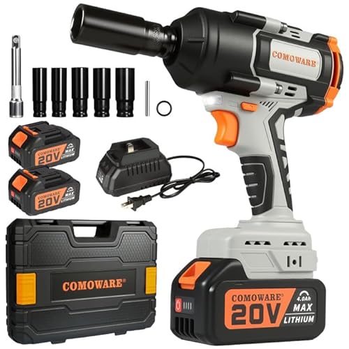 COMOWARE Cordless Impact Wrench, 1/2 Inch 1000N.m (780Ft-lbs) High Torque 20V Brushless Power Impact Driver Kit for Automotive DIY, 4.0Ah Li-ion 2 Battery, 5 Pcs Impact Sockets with Case