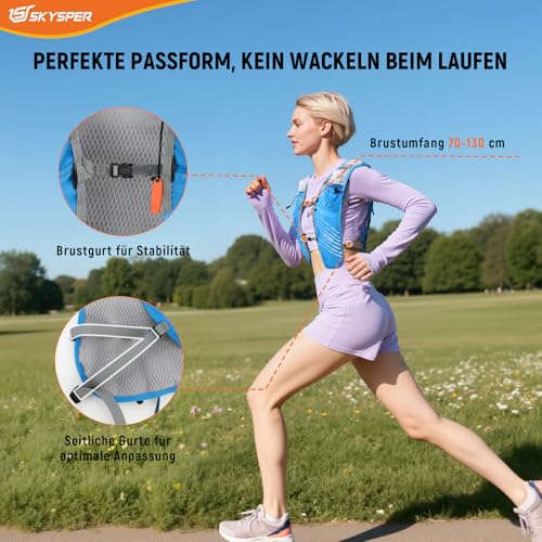 SKYSPER Laufweste für Damen Herren, 12L Laufrucksack Trinkweste Laufen mit 2 Trinkflaschen 500ml Running Vest für Joggen Marathon Trailrunning