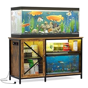 55-75 Gallon Fish Tank Stand with LED Light and Power Outlets, Heavy Duty Metal Aquarium Stand with Cabinet for Fish Tank Accessories Storage, Turtle/Reptile Tank Stand (Rustic Wood)