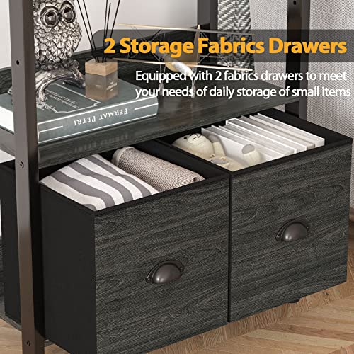 Furologee 5-Tier Bookshelf, Tall Bookcase With 2 Storage Drawers, Industrial Display Standing Shelf Units, Wood And Metal Storage Shelf For Living Room, Bedroom, Home Office, Black Oak #TOP4