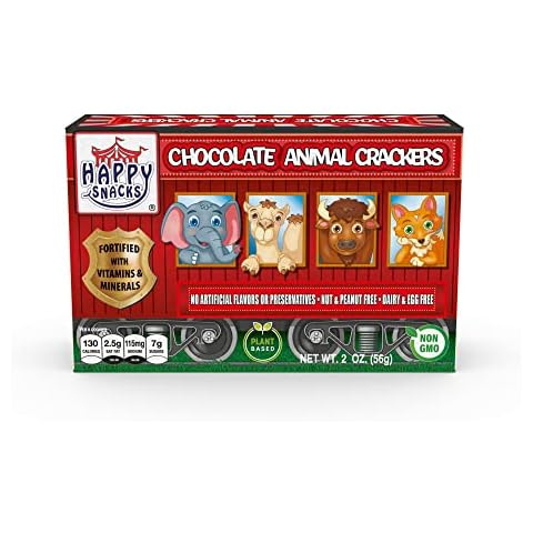 Happy Snacks Animal Crackers - Plant Based Ingredients, Animal Crackers Snack Packs, Nut & Peanut Free, Fortified with Essential Vitamins & Minerals, No Artificial Ingredients - Chocolate, 2 Oz Box (Pack of 12) Cover
