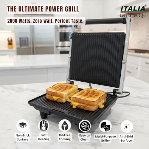 Image of ITALIA 2000W High-Performance Grill Maker | Rapid Heating, Non-Stick Plates, Stainless Steel Body, Safety Lights, Cool-Touch Handle, Multi-Purpose Sandwich & BBQ Griller | 1 Year Warranty