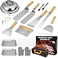 Teppanyaki Griddle Accessories Kit - 34Pcs Stainless Steel Griddle Accessory Set with Basting Cover, Spatula, Scraper, Egg Ring, and Tray for BBQ and Campfire Cooking.