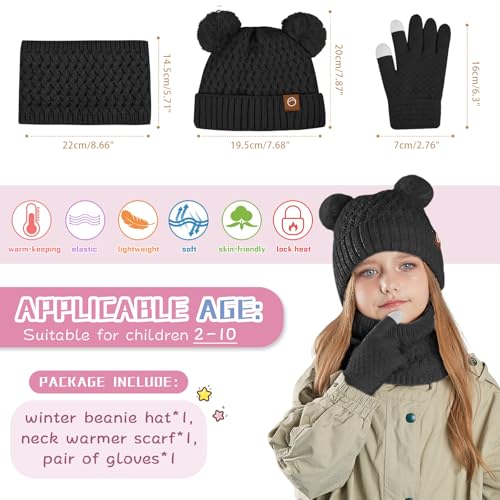 Image of Kids Winter Hat Gloves Scarf Set,Toddler Girls Winter Hat Kids Beanie with Pom Neck Warmer Gaiter Mittens Fleece Lined Set
