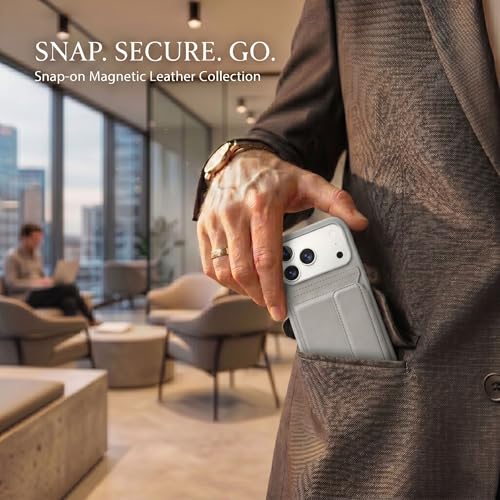 Image of amazon basics Luxury Vegan Leather Back Cover for iPhone 17 Pro Max | Built-in Card Holder Slot | Integrated Mobile Stand | Slim Shockproof Protective Case with Stitched Finish - Gray