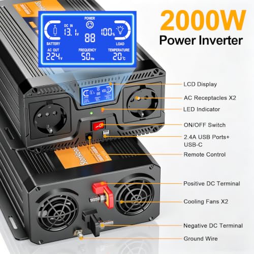 Miniatura 8 de 2000w Inversor 12v 220v Onda Pura, Transformador 12v Convertidor Para Coche
