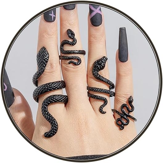 Snake Rings - Adjustable Punk Snake Jewelry Boho Stacking Rings Set - Vintage Goth Black Ring Jewelry