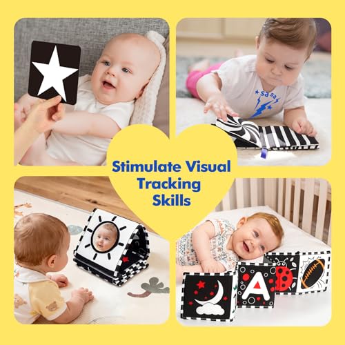 Image of URMYWO 10 Pcs High Contrast Black and White Baby Toys for Newborn, Tummy Time Mirror, Rattle, Teether, Visual Stimulation Learning Cards, Sensory Toys for 0-6 Months, Baby Boy Girl Gift
