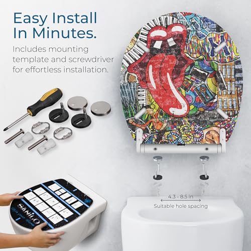 Image of Sanilo Wooden Toilet Seat with Quick Release & Soft Close [ROUND] - Decorative & Slow Close Molded Wood Seat - With One Click for Easy Installation & Cleaning - With Adjustable Fit (Graffiti)