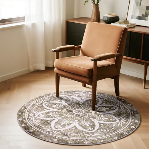 Image of Carvapet 36 inch /91 cm Washable Round Rugs - Small Vintage Circle Rug, Non Slip Rubber Backing Foldable Low Pile for Living Room Bedroom, 3ft Brown Rug