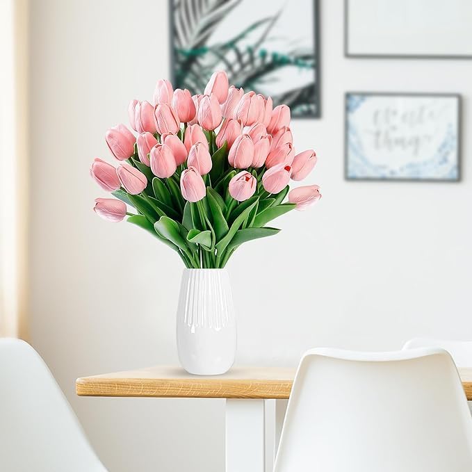 Image of Garden Art Artificial Tulip Flowers (Pack of 5) | Real Touch Silicone Single Stem Tulips for Home Decor, Living Room, Office, Vase & Wedding Decoration GAASTFB-1H-33BP (Baby Pink)