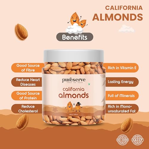 Image of Pureserve Natural California Almonds 250g - Whole Badam Giri | High in Protein, Fiber & Essential Nutrients | Boosts Immunity & Energy | 100% Natural, Gluten-Free Superfood | Jar Pack OF 1