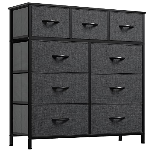YITAHOME 9 Drawers Fabric Dresser - Storage Tower Organizer Unit for Living Room, Closets - Sturdy Steel Frame, Wooden Top & Easy Pull Fabric Bins Black Gray Ash 9-Drawer