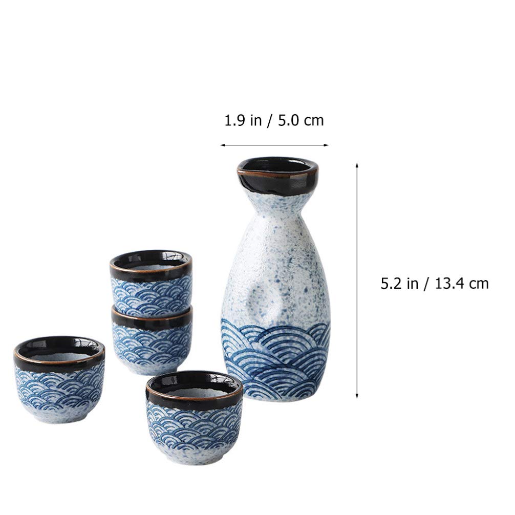 Housoutil Service De Tasses À Saké en Céramique Japonaise 4 Tasses 20 ML Et 1 Pot 180 ML Design Ondes pour Réceptions Familiales Et Décoration Intérieure