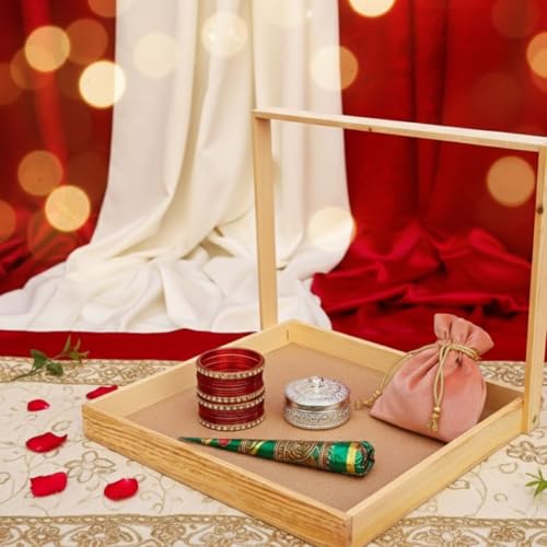 Image of SATYAM KRAFT 1 Set(2 Pcs)Trousseau Pinewood Attractive Rectangular Decorative Tray for Wedding /Shaadi Gift Hampers,Engagement,Saree Clothes Packing,Dry Fruit,Brown