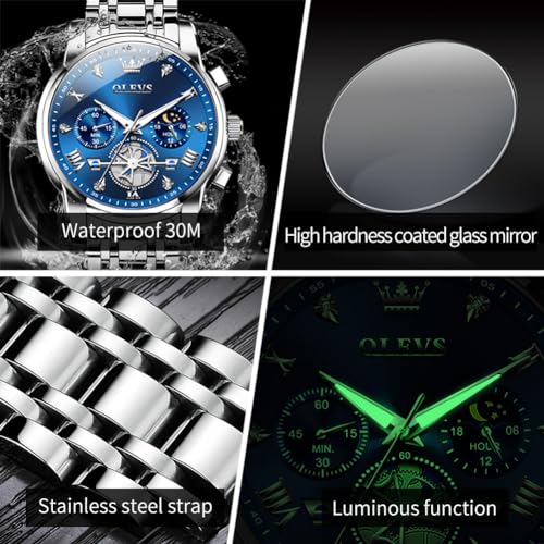 Image of OLEVS Watch for Men Stainless Steel Chronograph Big Face Easy to Read Analog Quartz Watches Luxury Waterproof Date Diamond Roman Arabic Numerals Dial Dress Wrist Watches, 2856:Silver Blue, Classic