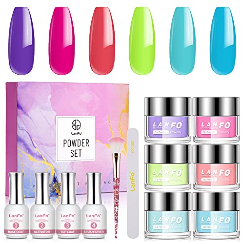LanFo Dip Powder Nail kit 6 Color Dipping Powder Neon Dip Powder with Nail Art Liquids Professional Salon Or DIY at Home Dry Quickly French Manicure No Nail Lamp Needed