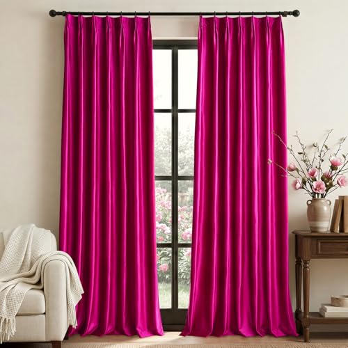 Hot Pink Velvet Curtains 84 Inch: Fuschia Pinch Pleated 2 Panels Elegant Living Room Darkening Thermal Insulated Drapes with Hooks- Luxury Soundproof Noise Reducing Back Tab Window Curtain for Bedroom