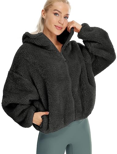 icyzone Damen Fleecejacke Teddy Fleece Hoodie Jacke Oversize Kapuzenjacken...