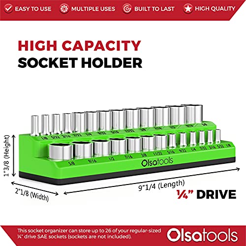 Image of Olsa Tools Magnetic Socket Organizer - 1 /4-Inch Drive SAE Socket Holder with Strong Magnets - Professional Tool Holder and Organizer - Stores up to 26 Sockets - Green - Part: 1115