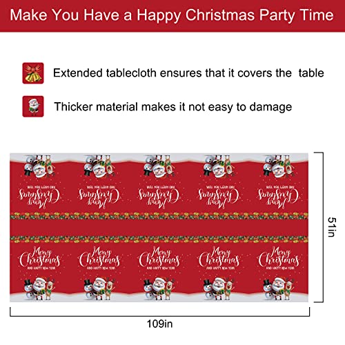 Fibevon Christmas Tablecloths, 2-Pack Rectangular Disposable New Year Tablecloth 54 by 110 inch Premium Table Covers with Elk Snowman and Santa Claus Plastic Tablecloth for Happy New Year Decor – Image 3