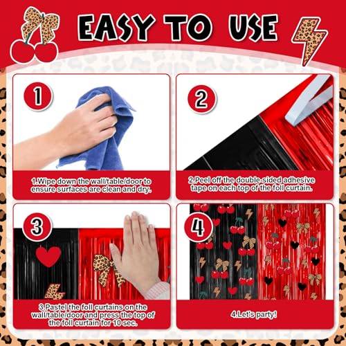 Image of 4 Pack 3.2x8.2ft Cherry Leopard Print Foil Fringe Curtains