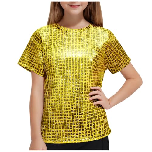 Children Boys Girls Glitter Shiny Metallic T Shirt Short Sleeve Crewneck Tops Jazz Hip Hop Modern Dance Blouse