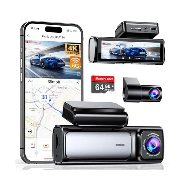 4K Dash Cam Front and Rear, Built-in 5G WiFi GPS, 64GB Card Included, 3.59” IPS Screen Dash Camera for Cars, Dual Dashcam with G-Sensor, Loop Recording, WDR, Night Vision, 24H Parking Monitor