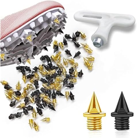 Uxpang 1/4 inch Track Spikes, 48 pcs Spikes for Track Shoes and Cross Country Replacement Spikes with Spike Wrench, Gold and Black Mixed Set Pyramid Spikes for Sprint Sports Short Running Track Shoes Cover