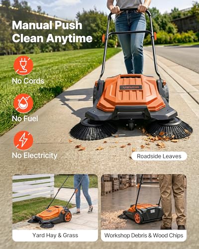 Image of VEVOR Walk-Behind Hand Push Floor Sweeper, Manual Floor Sweeper Non-Electric with 25.6 inch Sweeping Width, 5 Gallons Waste Container & Adjustable Folding Handle for Yards Walkways Patios Garages - Orange