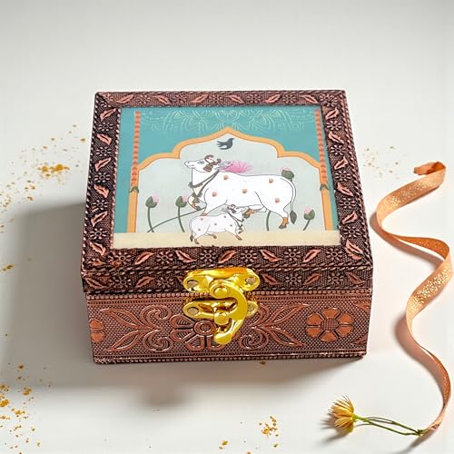 Image of Wooden Jewellery Box for Women - Sacred Teal | Handcrafted Pichwai Design with Lock | 4x4 Inch Organizer for Earrings Rings | Return Gift for Wedding Diwali Pooja