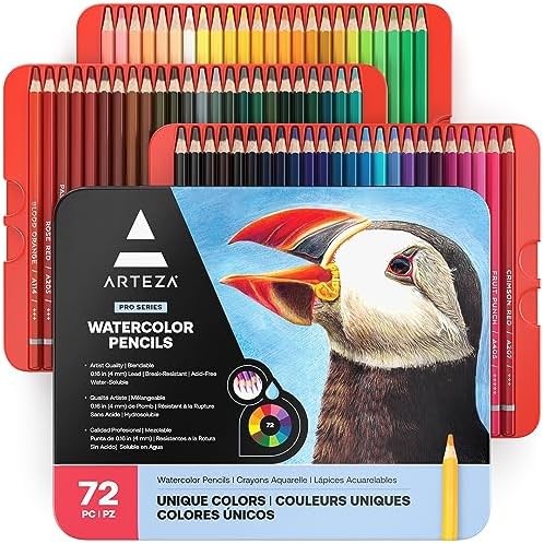 ARTEZA Professional Watercolor Pencils, Set of 72, Multi-Colored Drawing Pencils for Artists in Bright Assorted Shades, for Coloring, Blending and Layering, Watercolor Techniques