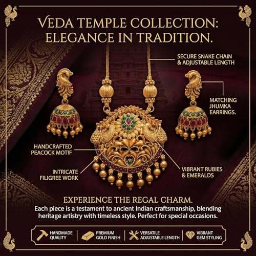Image of Traditional Gold-Plated Lakshmi Temple Pendant Necklace Set for Women | Antique South Indian Jewelry with Jhumka Earrings | Ethnic Bridal, Wedding & Festive Jewelry Set