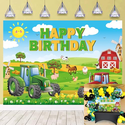 Toile de fond « Happy Birthday » pour photographie sur le thème de la ferme pour enfants, décoration de fête d'anniversaire (2,4 x 1,8 m)