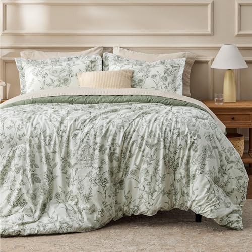 Image of Bedsure Comforter Set Queen Size - Cute Floral Bedding Comforter Set, 3 Pieces, 1 Soft Reversible Desert Sage Sketch Flowers Comforter and 2 Pillow Shams