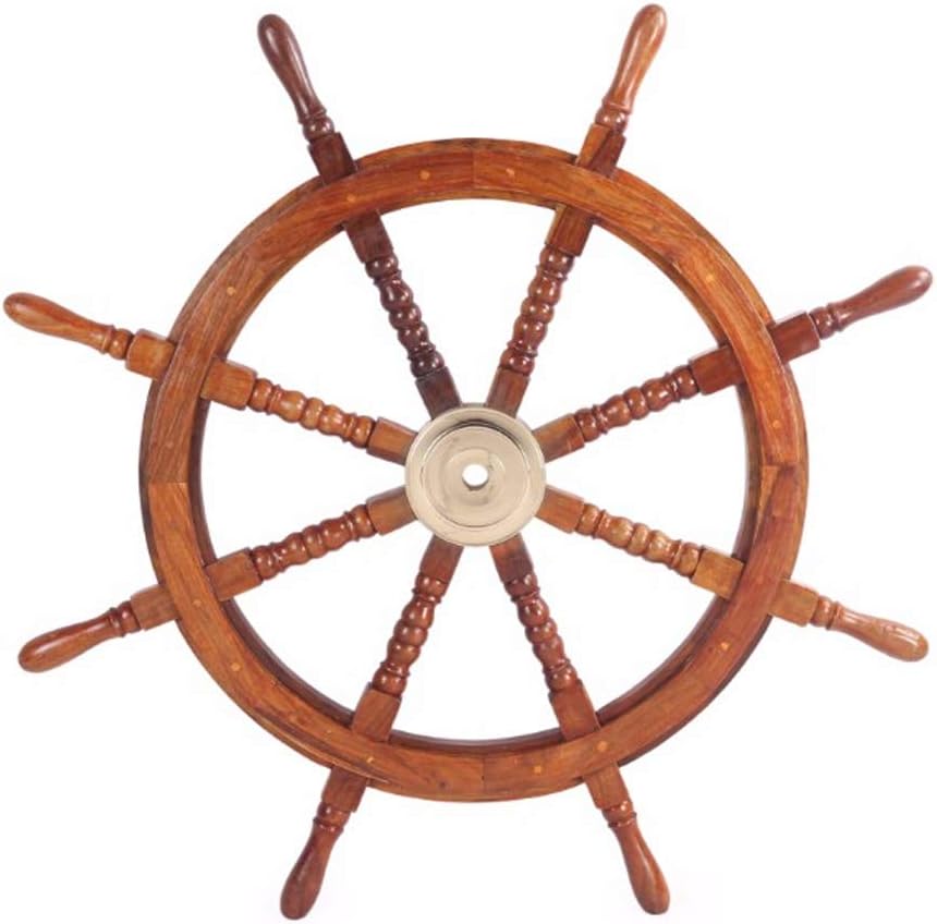 TUP The Urban Port SH 8764 Teak Wood Ship Wheel with Brass Inset and Eight Spokes, 36" Inch, Brown and Gold