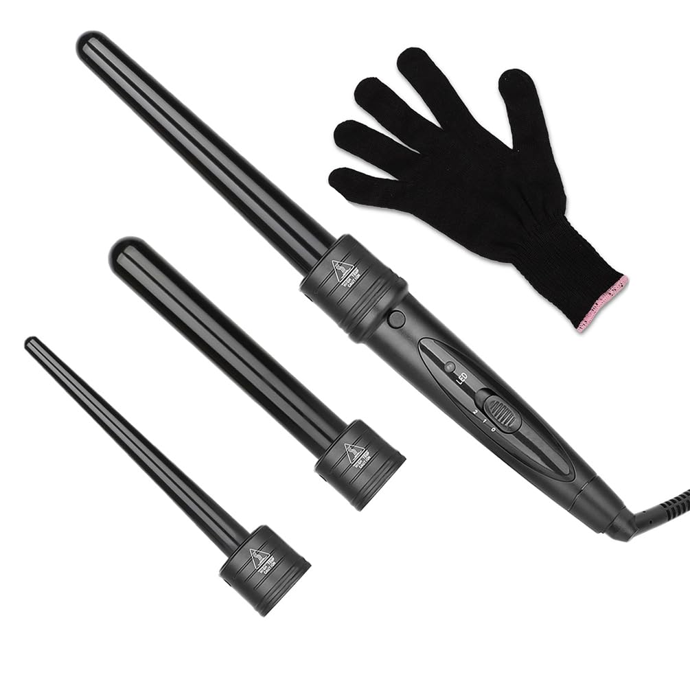 Curloni Lockenstäbe Große und Kleine Locken Set, 3 in 1 Lockenstab mit Verschiedenen Aufsätzen Keramik Turmalin Beschichtung Welleneisen mit Handschuh