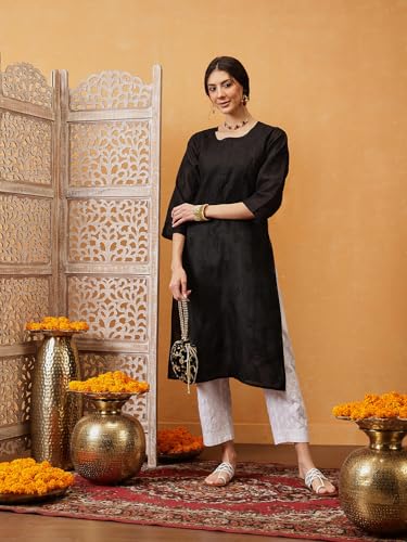 Image of Ada Hand Embroidered Lucknowi Chikankari Straight Cotton Kurta Kurti for Women A215306 Black (M)