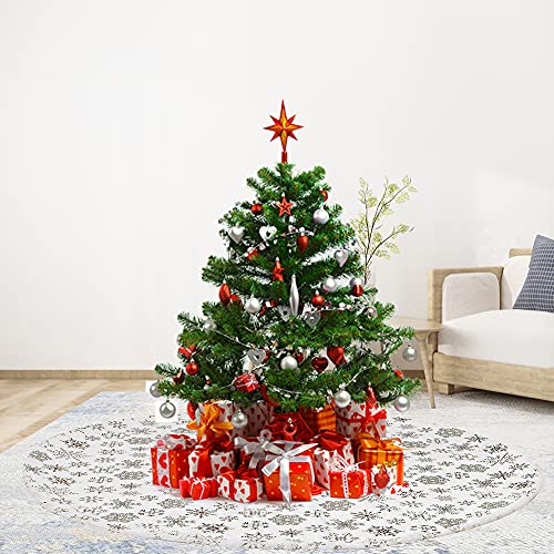 48 Inches Christmas Tree Skirt, Large White Faux Fur Christmas Tree Mat With Golden Snowflake Pattern, Plush Tree Skirt Christmas Decorations For Holiday Tree Ornaments Indoor Xmas Decorations #TOP6