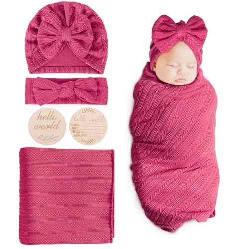 Image of DRESHOW BQUBO Baby Swaddle Blankets for Girls, 4PCS Newborn Accessories Set with Hat and Bow Headband with Hello World Wooden Birth Announcement Card, Baby Blankets for Girls