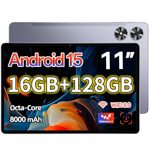Image of Android Tablet 11 Inch Android 15 Tablet with Case, Octa-Core, 16GB RAM 128GB ROM Expandable, 8000mAh, 1280X800 FHD Display, Dual Camera 5MP+13MP, GPS, Bluetooth 5.0, 2.4G /5G Wi-Fi, Widevine L1,Gray